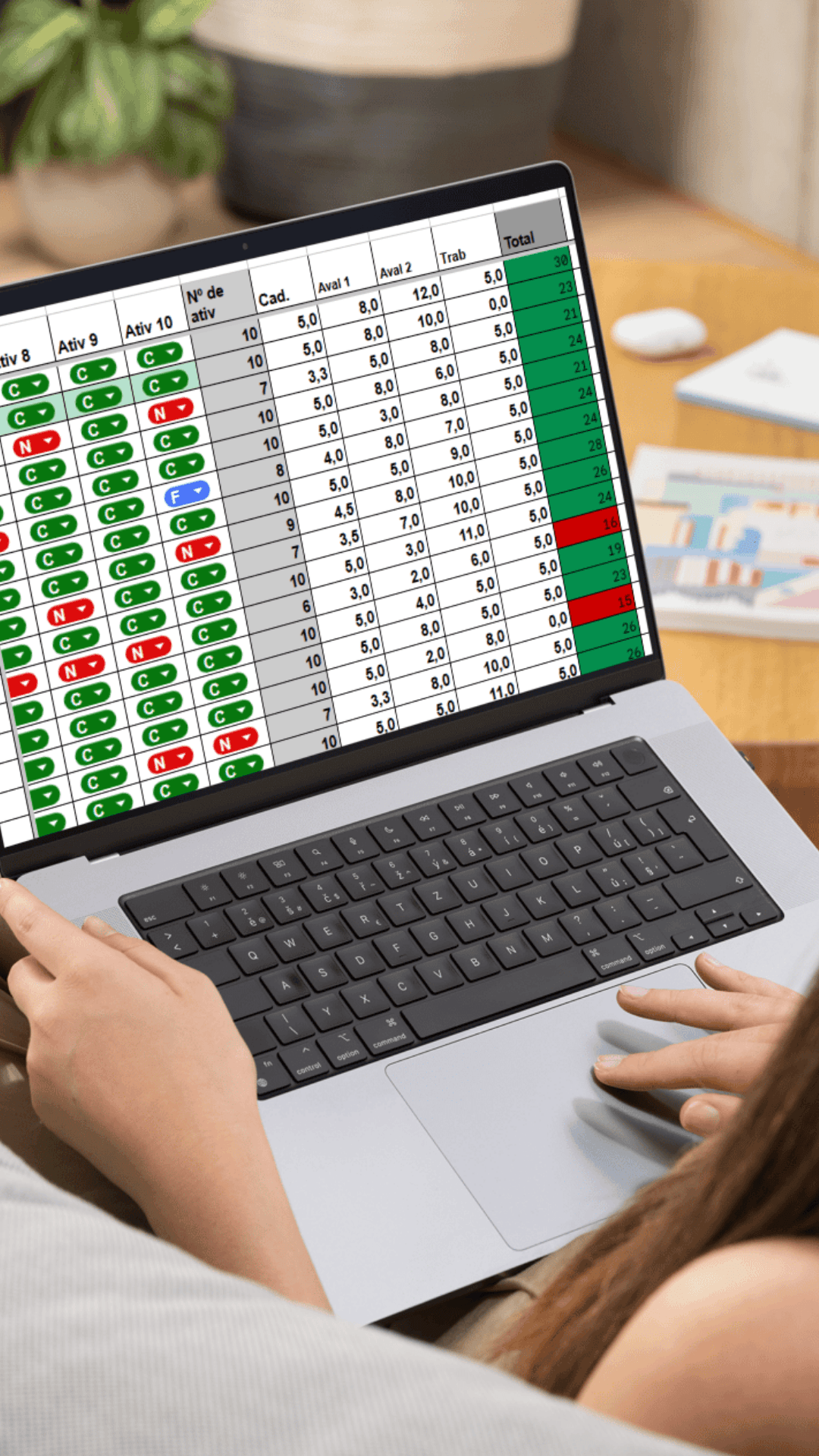 Planilha Mágica do Professor — visão geral da planilha no Google Sheets com controle de turmas, atividades e notas